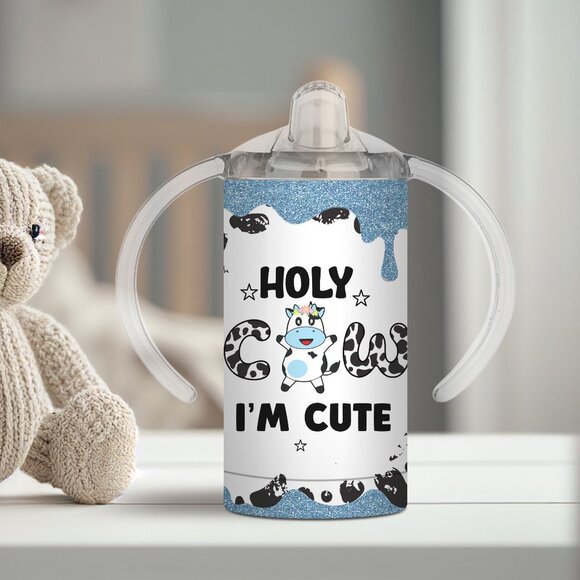 Kids Sippy Cup With 2 Lids, Holy Cow I'm Cute in Blue - Picture 1 of 4